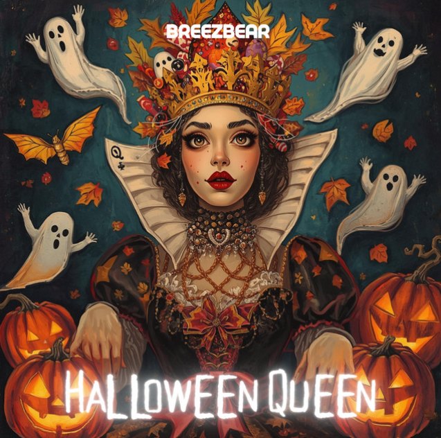 Halloween Queen single artwork: a crowned queen surrounded by ghosts, autumn leaves and jack-o'-lanterns